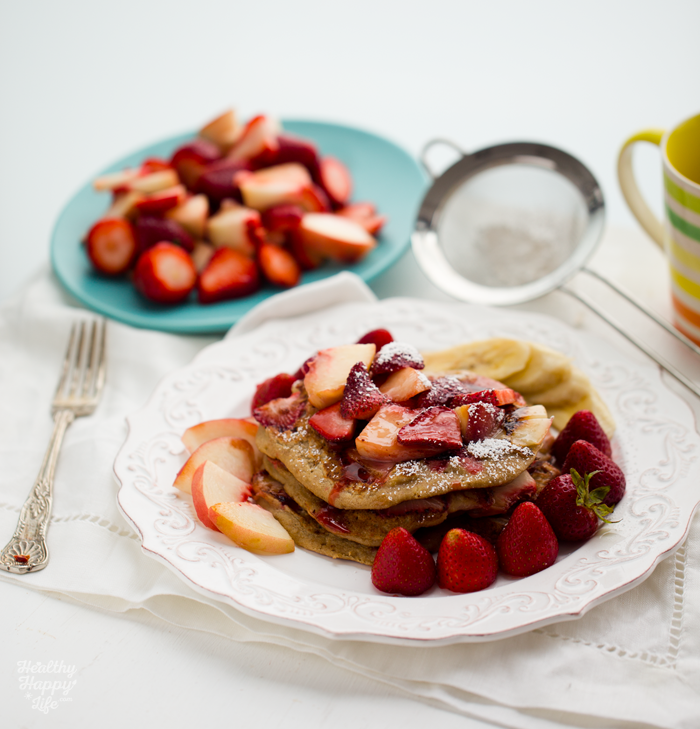 Strawberry-Peach Oatmeal Walnut Pancakes