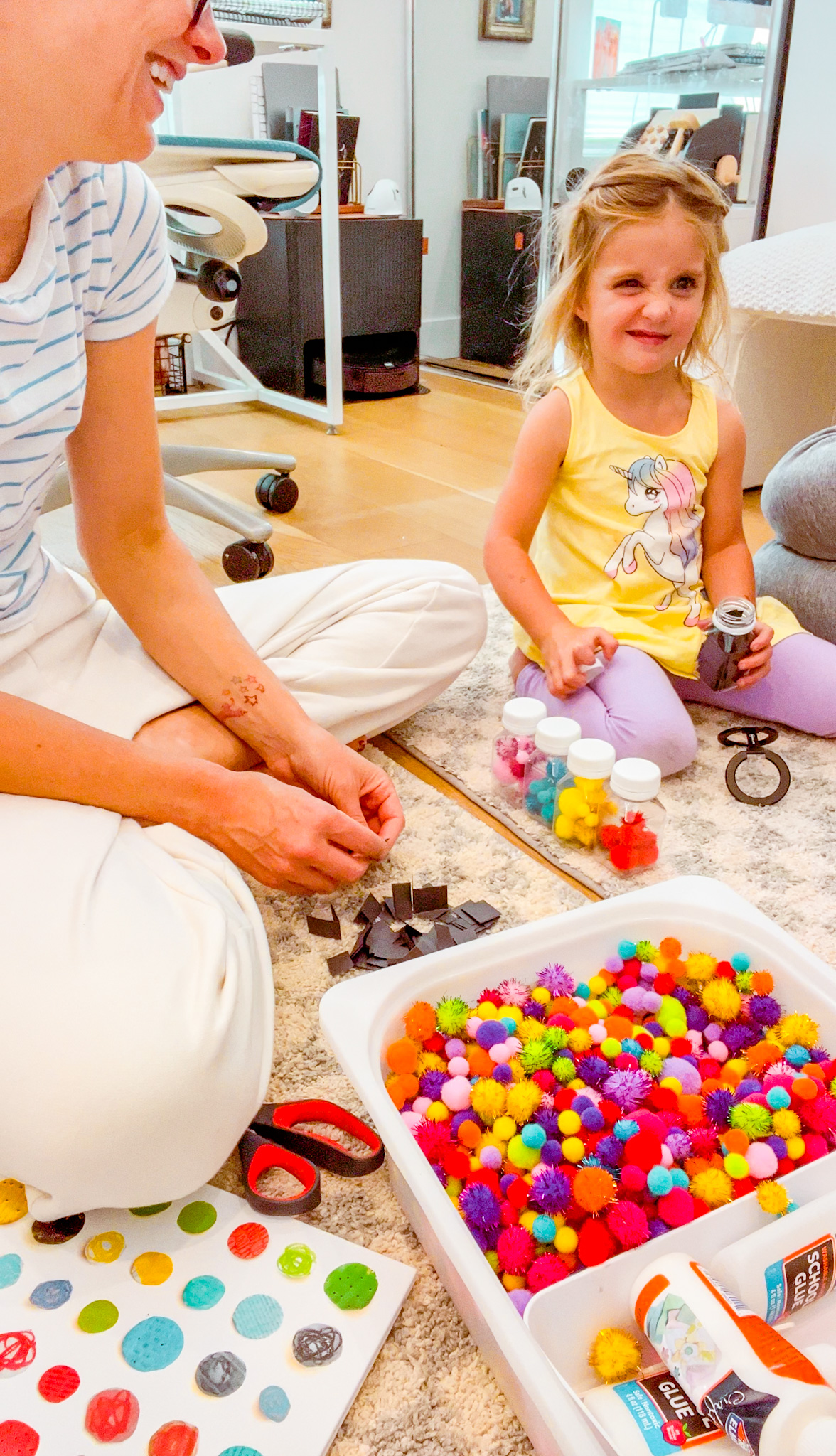mom and toddler crafting feelings book