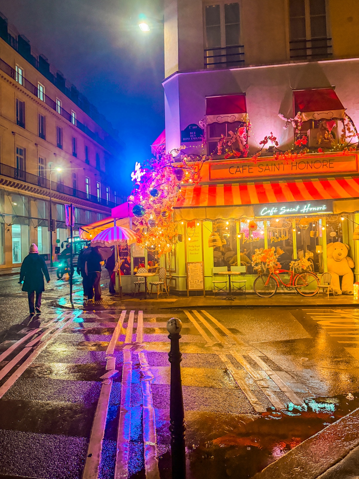 Paris in the rain night lights cafe